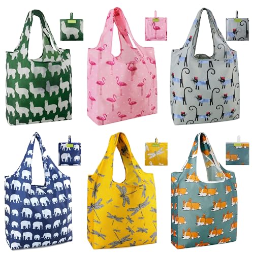 BeeGreen Animal Reusable Shopping Bags Cute Grocery Bag 6 Pack, Christmas Gift Bags Heavy-Duty Foldable Shopping Totes for Supermarket, Work & Travel, Large Washable Polyester Tote Bag with Handles - color: Green, Pink, Gray, Blue, Yellow