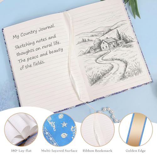 Hardcover Lined Journal - 224 Pages 100GSM Thick A5 Notebook with Gilded Edges & Gold Foil, Celestial Ocean Shells Mystic Diary for Women, Dream Journal