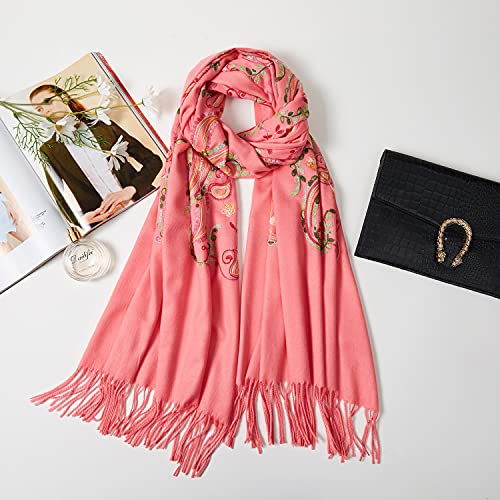 Embroidered Brushed Shawl Paisley Leaves Pattern Scarf Soft Ponchos Wrap Cape With Fringes - color: 035-watermelon