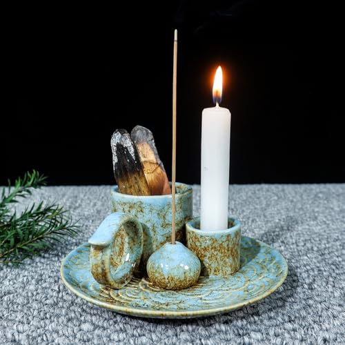MOUGIGI 5-in-1 Ceramic Palo Santo Burner Holder Blue -Small Candle Holder & Smudge Burning Tray Bowl,Fits Incense Sticks/Cones, Sage.Zen Altar for Meditation Room, Aromatic Scents, Matches Compatible - color: Multifunctional Palo Plate-blue