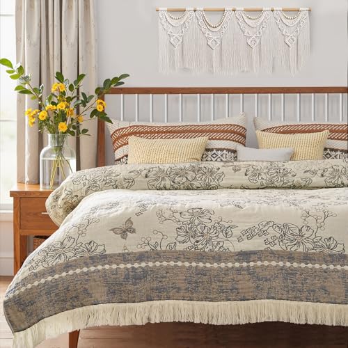 jinchan Boho Floral 100% Cotton Blanket 4-Layer Throw Blanket with Tassel Grey and White Flower Butterfly Soft Luxury Rustic Farmhouse Decor Blanket for Couch Bed 80x90 inch All Season Gift for Women - color: Butterfly Grey and White, size: 80"x90"