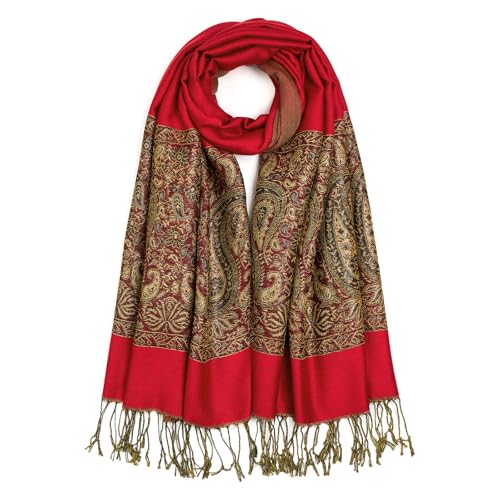 QIUTIMIY Paisley Pashmina Shawls and Wraps for Women Reversible Jacquard Festival Rave Pashmina Scarves with Fringe Vintage - color: Flower12-red