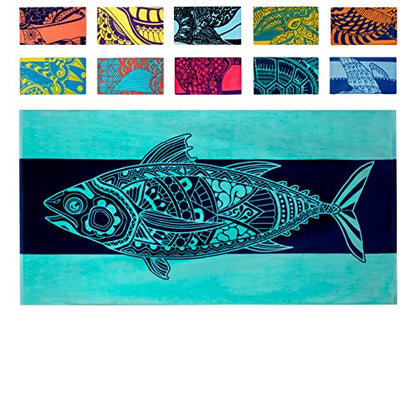 Nova Blue Tuna Fish Beach Towel (34 X 63) – Blue Striped Cotton Beach Towels Made from 100% Cotton – Quick Drying Pool Towel with Tropical Design – Beach Towel Large Oversized - color: Tuna