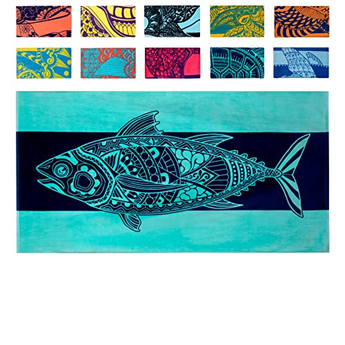 Nova Blue Tuna Fish Beach Towel (34 X 63) – Blue Striped Cotton Beach Towels Made from 100% Cotton – Quick Drying Pool Towel with Tropical Design – Beach Towel Large Oversized - color: Tuna