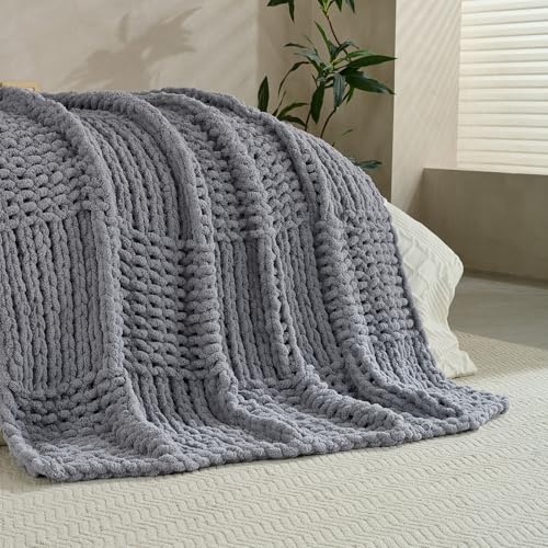 Chunky Knit Blanket Throw 50x60 Inches,Handmade Cable Knit Crochet Blanket,Cozy Lightweight All Season,Wrinkle-Resistant Polyester for Couch Bed Sofa Reading Nook,Grey - color: Grey