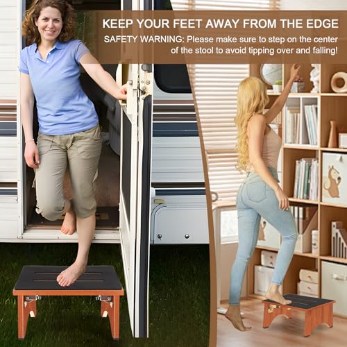 Step Stool Foldable, Wooden Step Stool with Non-Slip Rubber Stepping Feet, Folding Platform Step Stools for Adults Seniors in Kitchen, Home, Bedroom, Office, Rv, Easy to Carry,450 LBS Capacity (Brown)