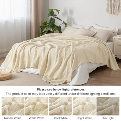 PHF 100% Cotton Muslin Blanket King Size 108"x90", 4-Layer Lightweight Gauze Throw, Breathable Cloud-Soft Minimalist Blanket for Bed, Couch, Camping, Beige/Short Bread, Ideal Gift