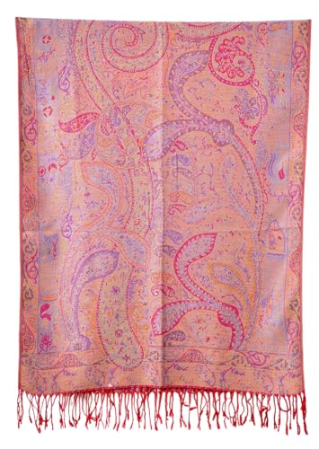 Achillea Reversible Paisley Pashmina Rave Scarf – Exotic Indian Shawls and Wraps for Evening Dresses, Festivals, All Seasons - color: Tapestry Red