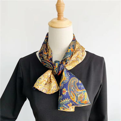 ANDANTINO 100% Silk Scarf for Women 59”*6.3” Long Shawls for Headscarf and Neck- Oblong Hair Wraps with Gift Packed - color: Gold&navy Paisley
