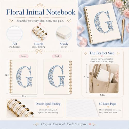 Blue Cute Initial Notebook Journal Diary Libretas Escolares G, Cute Preppy Personalized Notebook Gifts for Women Teen Girls Kids,Preppy Blue Aesthetic School Supplies for Girls 5.5x8.3