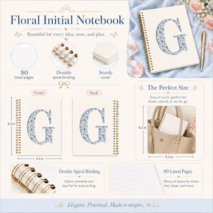 Blue Cute Initial Notebook Journal Diary Libretas Escolares G, Cute Preppy Personalized Notebook Gifts for Women Teen Girls Kids,Preppy Blue Aesthetic School Supplies for Girls 5.5x8.3