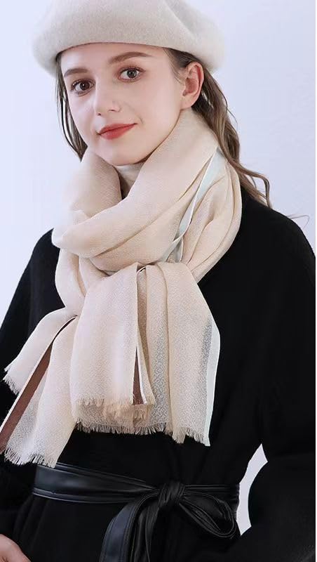 Luxury Cashmere Pashmina Style Shawl - Silk & Wool Blend Scarf, Lightweight Skin-Friendly Wrap - color: Gingham. - Light Camel