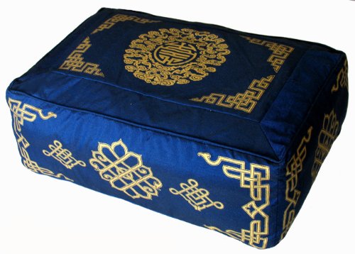 Meditation Cushion - Rectangular Zafu Buckwheat and Kapok Fill Longevity Dharma Key Blue - color: Bluelongevitykey