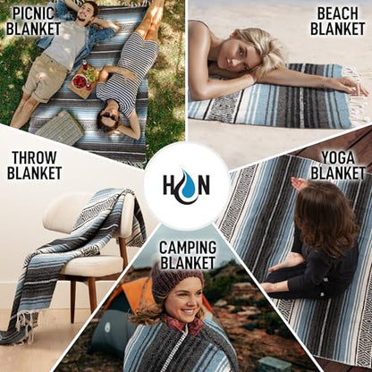 Hydration Nation Authentic Large Handwoven Mexican Blanket - Soft Yoga- Durable Serape- Lightweight Falsa, Beach, Camping, Picnic, Outdoor Blanket 70"x50" - Aqua Sky - color: Aqua Sky