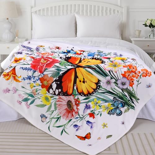Floral Blanket Ultra Soft Butterfly Flowers Throw Blankets Wildflower Leaves Flannel Fleece Throw Watercolor Warm Cozy Fuzzy Plus Gift Cabin Blanket for Bed Sofa, 50" X 60"