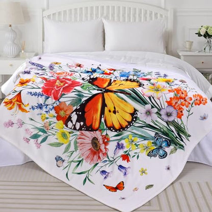 Floral Blanket Ultra Soft Butterfly Flowers Throw Blankets Wildflower Leaves Flannel Fleece Throw Watercolor Warm Cozy Fuzzy Plus Gift Cabin Blanket for Bed Sofa, 50" X 60"