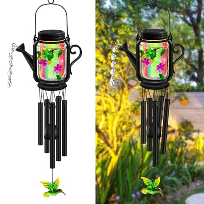 Solar Hummingbird Wind Chimes for Outside - Gifts for Mom Women Grandma,Solar Mason Jar Watering Can Hummingbird Light Unique Hanging Wind Chimes Outdoor,Yard Garden Terrace Courtyard - size: 1 pack-Hummingbird jar wind chime