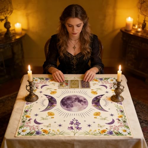 Tarot Altar Cloth Moon Phases and Wildflowers Print Card Table Tablecloth Plants Tablecloth with Tarot Bag for Reading Rituals Crystals Spiritual Divination Witchcraft Supplies - color: Moon Phases and Wildflowers