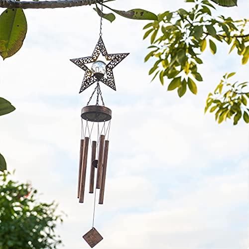 Solar Wind Chimes, Star Wind Chime Crackle Glass Ball Warm LED Light, Outside Hanging Outdoor Decor with Metal Tubes Unique Memorial Sympathy Gift for Wife Mom Grandma