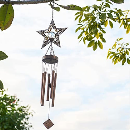 Solar Wind Chimes, Star Wind Chime Crackle Glass Ball Warm LED Light, Outside Hanging Outdoor Decor with Metal Tubes Unique Memorial Sympathy Gift for Wife Mom Grandma