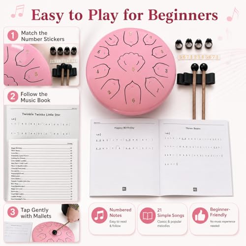 Rain Drum for Outside Garden, MIUYA 6 Inch 11 Notes Steel Tongue Drum for Adults, Beginner Percussion Instrument for Meditation Yoga, Pink Rose - color: Pink Rose