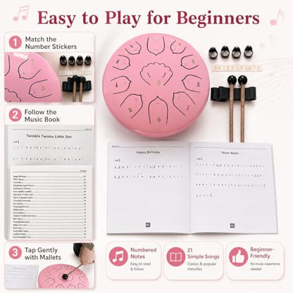 Rain Drum for Outside Garden, MIUYA 6 Inch 11 Notes Steel Tongue Drum for Adults, Beginner Percussion Instrument for Meditation Yoga, Pink Rose - color: Pink Rose