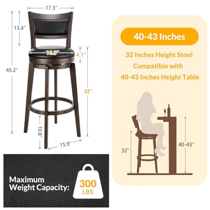 PrimeZone Swivel Bar Stools Set of 2, 32 Inch Tall Bar Height Barstools, Black Faux Leather Bar Stool with High Backrest & Solid Wood Legs & Wrap-Around Footrest, Counter Stools for Pub - size: 32" Tall Bar Height