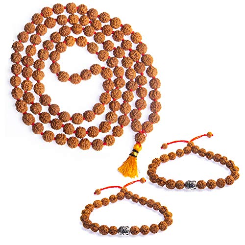 Wonder Care Authentic Rudraksha Mala | 5face Genuine Himalayan Rudraksha bracelet | Rudraksha Bead| Beaded Bracelets for Men | Pendant Necklace with Bead Bracelets - color: 8mm mala +2 bracelet