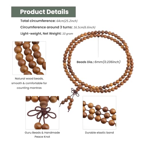 Nupuyai Natural Wood Wrap Bracelet for Women and Men, 108 Prayer Mala Beads Tibetan Necklace for Unisex Elastic Meditation Yoga Jewelry - color: Golden Silk Wood(6mm)