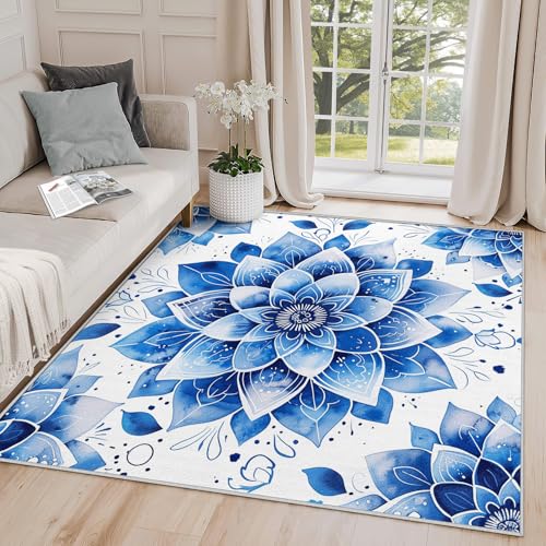6x9 Rug, Mandala Rug Washable Non Slip Soft for Living Room Bedroom, Blue and White Floral Area Rug, Flower Meditation Zen Carpet, Mandala Home Decor & Gifts - color: Mandala Home Decor, size: 6' x 9' (Rectangular)