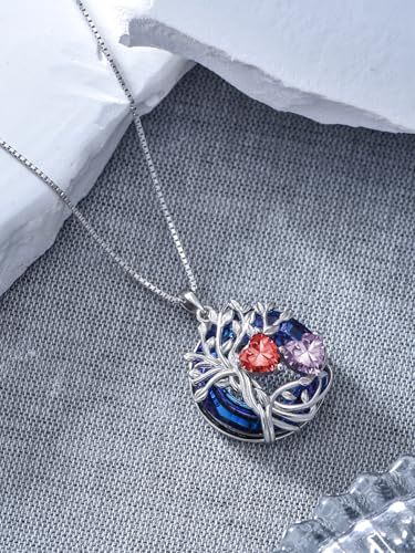 TOUPOP s925 Sterling Silver Family Celtic Tree of Life Pendant Necklaces with 2 Heart Birthstone with Blue Austrian Crystal Jewelry Birthday Valentines Day Gifts for Her, Anniversary Christmas Gifts for Wife Girlfriend Mom (18K Real White Gold Filled) - c