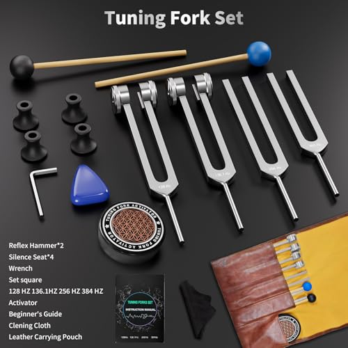 Tuning Fork Kit for Healing - 128Hz, 136.1Hz, 256Hz, 384Hz Weighted & Unweighted Tuning Forks for Chakra Sound Therapy, Meditation, Yoga, Stress Relief & Relaxation - Comes with Pouch, Ideal Gift