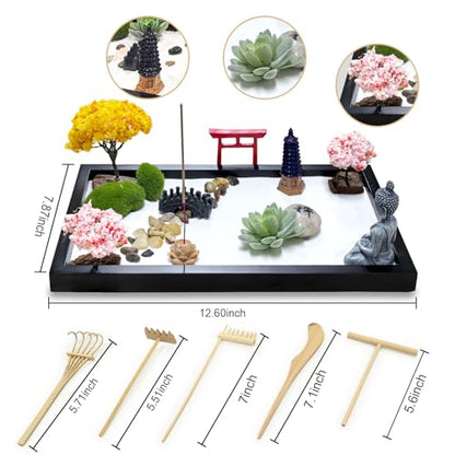 Zen Garden for Desk Decor - Premium Beautiful Japanese Mini Zen Sand Garden Kit Box for Home, Office Desk with Black Wooden Tray, White Sand, Tools, Red Gate, Buddha - Desktop Set