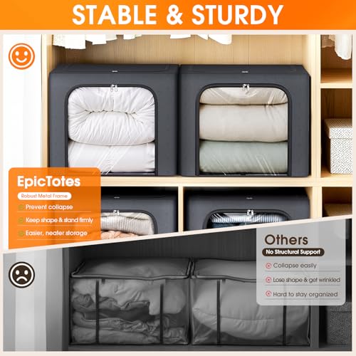 6 Pack Clothes Storage Bins with Metal Frame,40L Storage Bags Fabric Box Organizer with Clear Window,Zippers,Sturdy Handles(6 Pcs,Light Grey,40L)