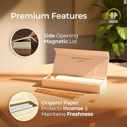 Shizu Sandalwood Incense Sticks – Artisanal Temple Grade Japanese Incense with Brass Holder – Calming Scent for Relaxation, Meditation & Home Spa, Elegant Gift Set (60 Sticks)