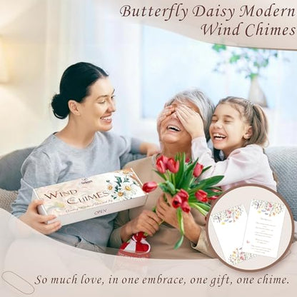 Modern Wind Chimes for Outside, 32" Daisy Print Wind Chime with Butterfly Pendant for Birthday, Mother's Day, Unique Gifts for Women, Garden Yard Patio Porch Home Hanging Decor(Whitestone)