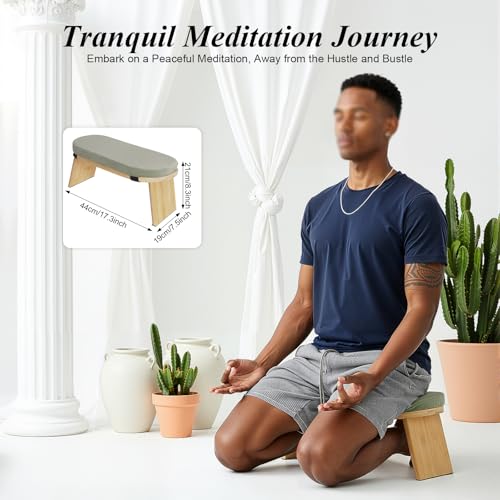 Foldable Meditation Bench with Cushion,Bamboo Meditation Stool,Portable Kneeling Stool,Prayer Bench,Green,Wood Color - color: Green,wood Color
