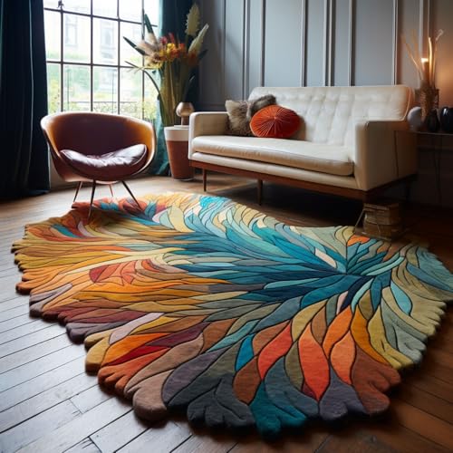 Restoration and Renovation Handmade Irregular Shape Wool Area Rug | Unique Contemporary Botanical Design, Thick & Soft Carpet | Perfect for Living Room, Bedroom Decor (Multi, 5.6' x 7.6') - color: Multi Color, size: 5'6" x 7'6" (Irregular)
