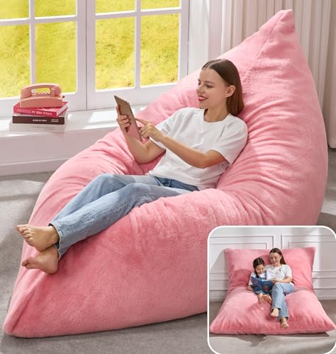 Hobestluk 3 in 1 Bean Bag Chair Giant Bean Bag Chairs for Adults with Chevron Plush Fur Cover Convertible Bean Bag Floor Cushion with Machine Washable Cover for Living Room (Plush Pink) - color: Hot Pink