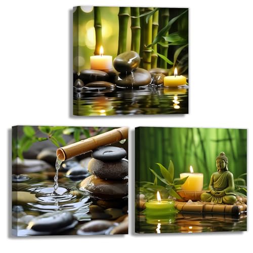 Zen Wall Art Set Of 3 Bamboo Green Spa Wooden Background Painting Pictures Print On Canvas Botanical Buddha Posters For Modern Home Decoration Ready To Hang(Artwork-2,12"x12"x3pcs) - color: Artwork-2, size: 12"x12"x3pcs