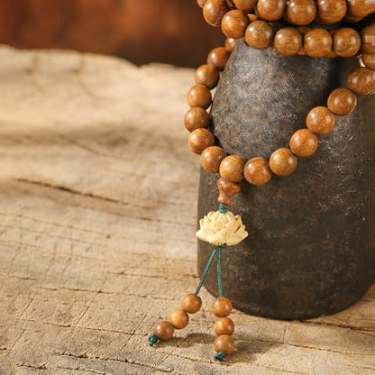 Natural Green Sandalwood 108 Mala Bead Necklace Buddhist Prayer Beads for Meditation or Yoga - style: Handcarved Lotus