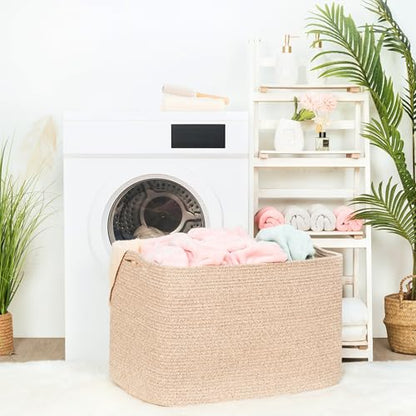 MINTWOOD Design 112L Extra Large Blanket Basket Holder Living Room, 25"x17"x16" Rectangle Rope Woven Storage Basket with Handles for Laundry, Towels, Shoes, Dog Toy Organizer Bin Box, Oatmeal Brown - color: Oatmeal Brown