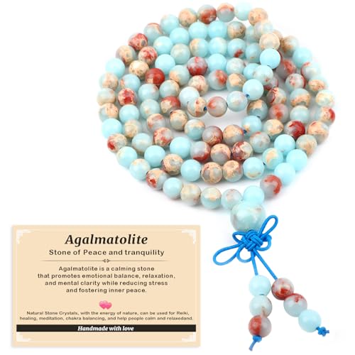 AD Beads 6mm 8mm 108 Prayer Mala Jasper Elastic Bracelet - Handmade Yoga Meditation Healing Power Energy Gifts for Unisex Adult. - color: Agalmatolite (Peace)