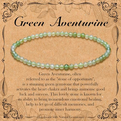 BONNY BOXX Natural Genuine Gemstone Faceted Round Beads Bracelets, 3mm Adjustable Stretchy Tiny Faceted Black Tourmaline Bracelet, Healing Crystal Reiki Chakra Dainty Jewelry Fashion Gifts - color: Green Aventurine