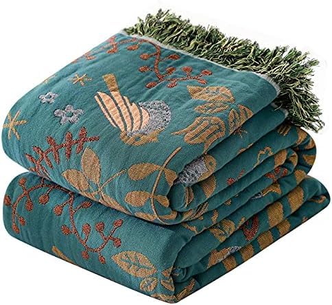 100% Cotton Boho Throw Blanket for Couch 4-Layer Gauze Ultra Soft Breathable Rustic Quilt 50" x 60" Birds and Floral Muslin Blanket for Sofa Chair Bed Couch Chair Home Decor,Teal - color: Animal Spring Bird, size: 50"x60"