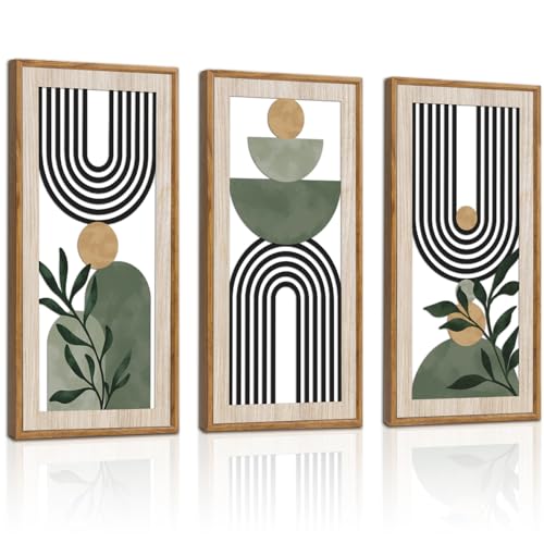 3 PCS Boho Sage Green Wall Decor, Minimalist Mid Century Geometric Line Hanging Wood Sign for Living Room, 8x16Inch Modern Botanical Leaf Wooden Plaque for Apartment Bedroom Office Decoration - color: Geometric Line Wooden Wall Art