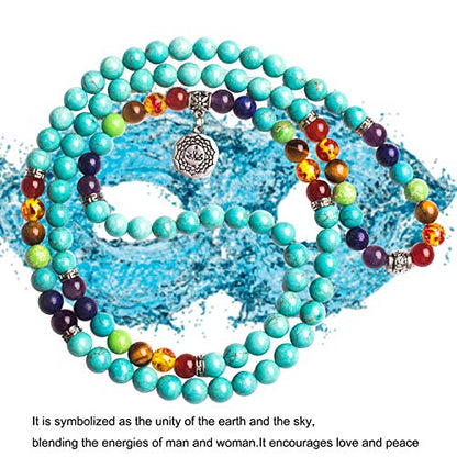 108 Mala Beads Necklace 7 Chakra Tree of Life Pendant Prayer Buddha Bracelets Healing Stone Yoga Men Women Jewelry - color: Turquoise-OM-Buddha-8MM