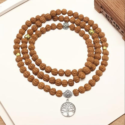 Authentic 5 Mukhi Rudraksha Mala - 108 Beads Spiritual Necklace with Tree of Life Pendant (10mm) - Yoga Meditation Jewelry for Men & Women - All-Natural Beads Chemical-Gift Box