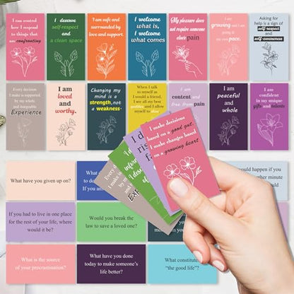 100 Positive Affirmations Cards for Women With Thought Provoking Questions on the Back, Inspirational Daily Affirmation Card for Women Self Care and Meditation, Unique Motivational Gift