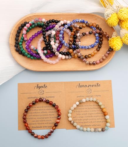 BOMAIL 12PCS 6MM Gemstones Beaded Bracelet for Women Healing Crystal Stone Bracelets Round Beads Semi-Precious Stretch Bracelet Set Unisex Jewelry